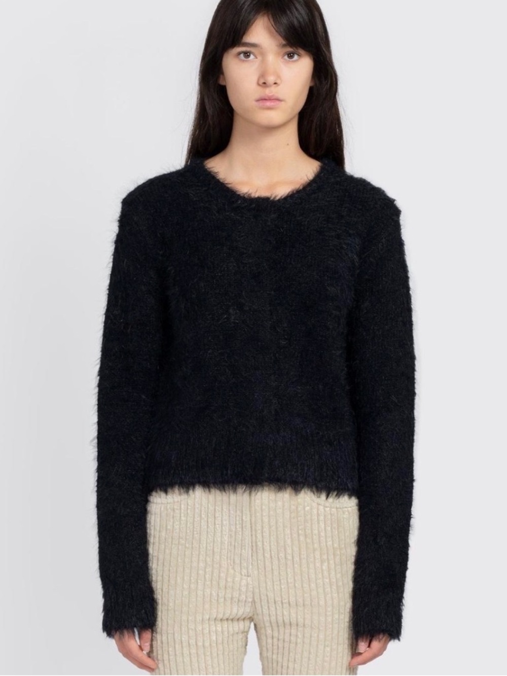 AMOMENTO shaggy fuzzy round neck cardigan